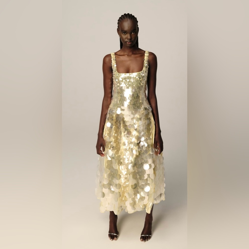 ASOS ARRANGE Embellished Disc Sequin Square Neck Full Skirt Midi Dress in Lemon✨